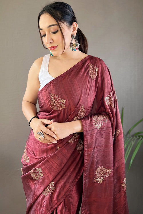 Load image into Gallery viewer, Ravishing Brown Embroidery Work Soft Silk Saree With Resonant Blouse Piece
