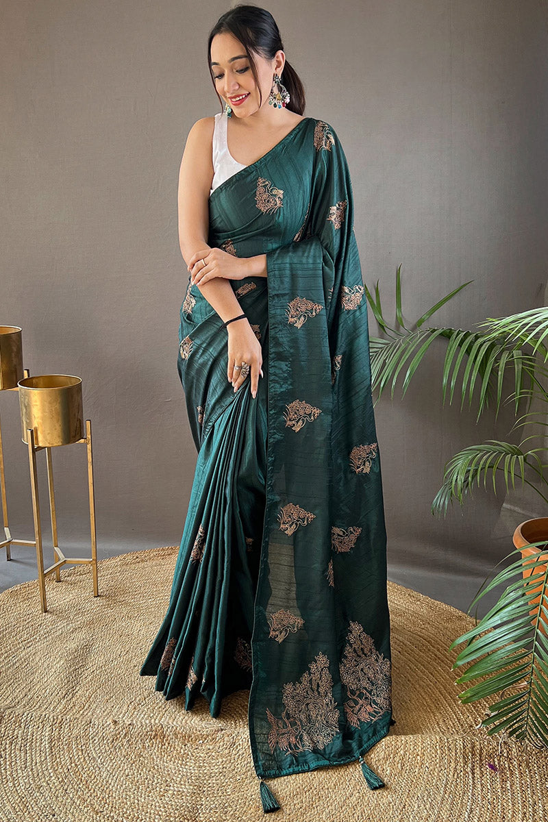 Panache Dark Green Embroidery Work Soft Silk Saree With Jubilant Blouse Piece