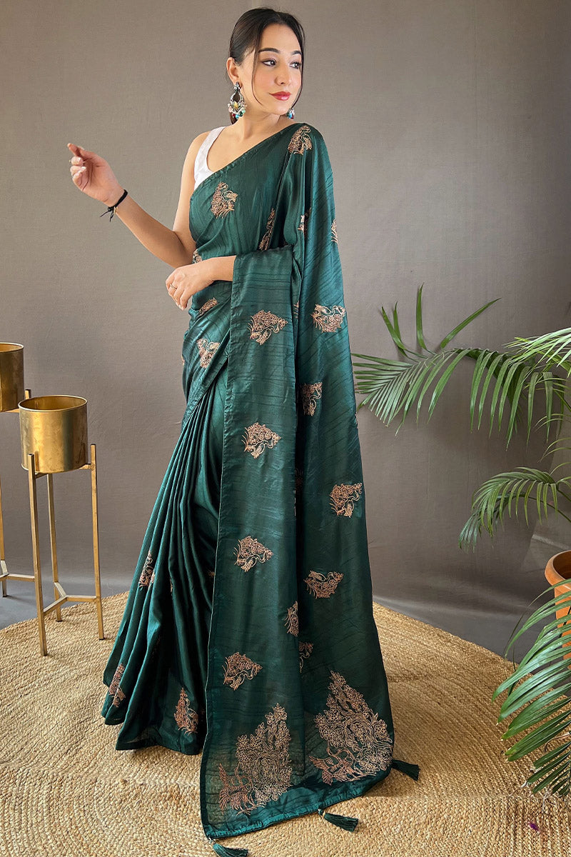 Panache Dark Green Embroidery Work Soft Silk Saree With Jubilant Blouse Piece