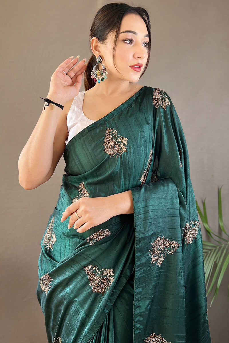 Panache Dark Green Embroidery Work Soft Silk Saree With Jubilant Blouse Piece