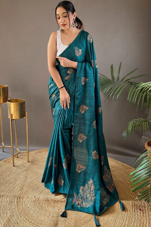 Load image into Gallery viewer, Enigmatic Rama Embroidery Work Soft Silk Saree With Pulsating Blouse Piece
