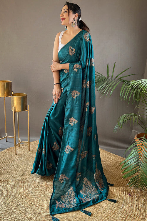 Load image into Gallery viewer, Enigmatic Rama Embroidery Work Soft Silk Saree With Pulsating Blouse Piece
