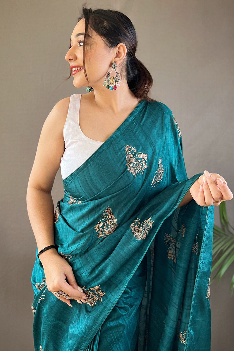 Enigmatic Rama Embroidery Work Soft Silk Saree With Pulsating Blouse Piece