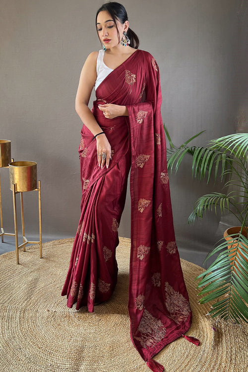 Load image into Gallery viewer, Beguiling Wine Embroidery Work Soft Silk Saree With Grandiose Blouse Piece
