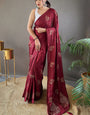 Beguiling Wine Embroidery Work Soft Silk Saree With Grandiose Blouse Piece