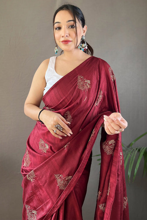 Load image into Gallery viewer, Beguiling Wine Embroidery Work Soft Silk Saree With Grandiose Blouse Piece
