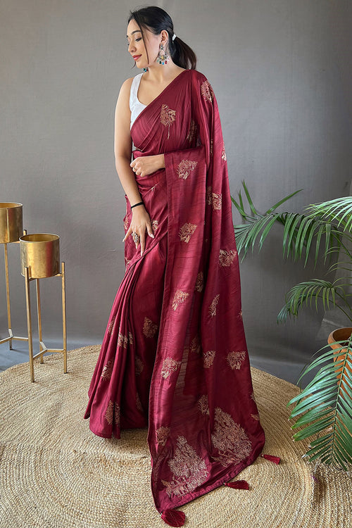 Load image into Gallery viewer, Beguiling Wine Embroidery Work Soft Silk Saree With Grandiose Blouse Piece
