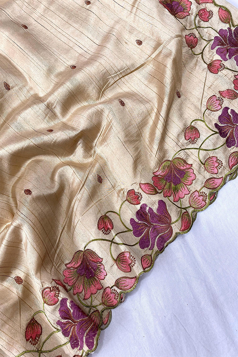 Skinny Beige Embroidery Work Tussar Silk Saree With Smart Blouse Piece