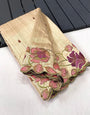 Skinny Beige Embroidery Work Tussar Silk Saree With Smart Blouse Piece