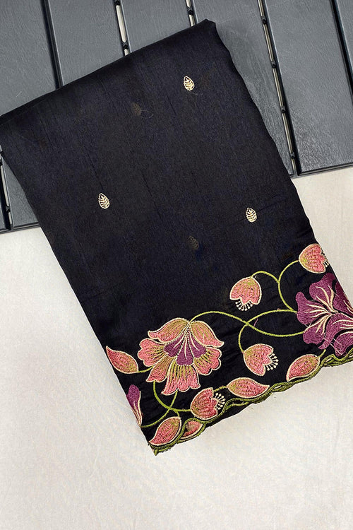 Load image into Gallery viewer, Hypnotic Black Embroidery Work Tussar Silk Saree With Majesty Blouse Piece
