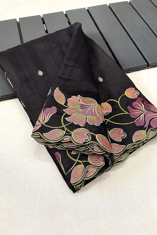 Load image into Gallery viewer, Hypnotic Black Embroidery Work Tussar Silk Saree With Majesty Blouse Piece
