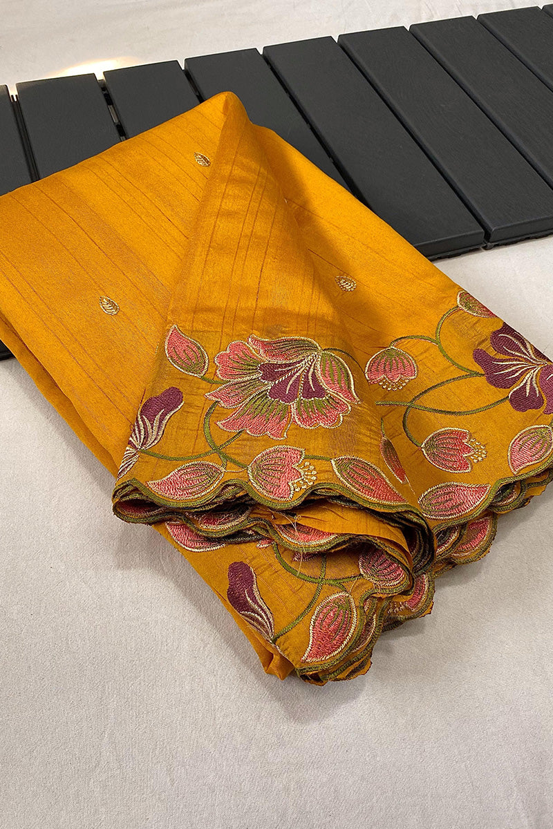 Groovy Mustard Embroidery Work Tussar Silk Saree With Flamboyant Blouse Piece
