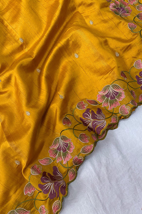 Load image into Gallery viewer, Groovy Mustard Embroidery Work Tussar Silk Saree With Flamboyant Blouse Piece
