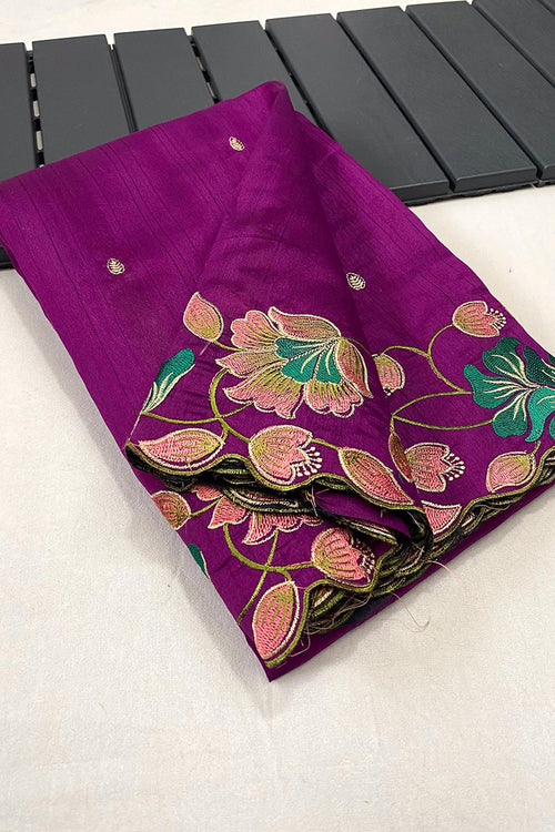 Load image into Gallery viewer, Designer Purple Embroidery Work Tussar Silk Saree With Glowing Blouse Piece
