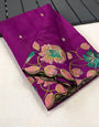 Designer Purple Embroidery Work Tussar Silk Saree With Glowing Blouse Piece