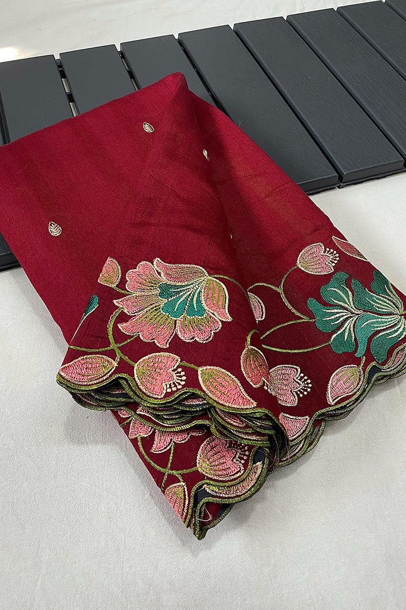 Unique Red Embroidery Work Tussar Silk Saree With Sizzling Blouse Piece