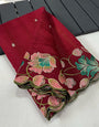Unique Red Embroidery Work Tussar Silk Saree With Sizzling Blouse Piece