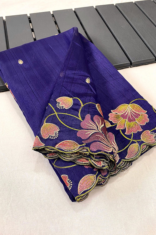 Load image into Gallery viewer, Gratifying Royal Blue Embroidery Work Tussar Silk Saree With Glowing Blouse Piece
