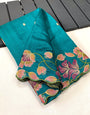 Designer Turquoise Embroidery Work Tussar Silk Saree With Blooming Blouse Piece