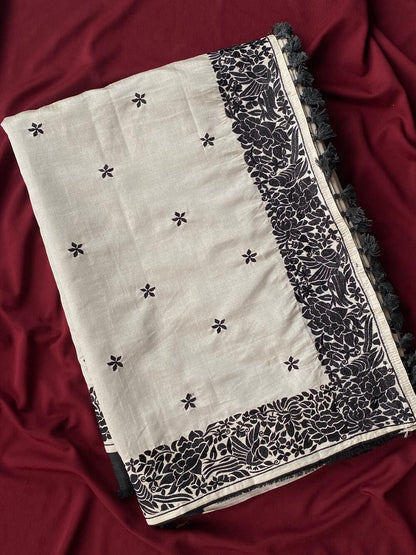 Demanding Off White Embroidery Work Tussar Silk Saree With Pleasurable Blouse Piece