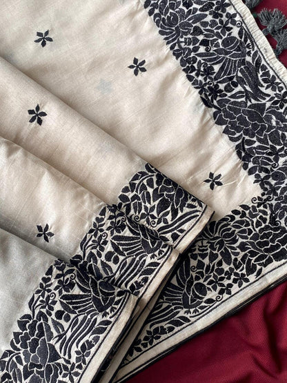 Demanding Off White Embroidery Work Tussar Silk Saree With Pleasurable Blouse Piece