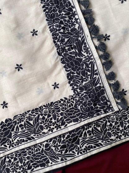 Demanding Off White Embroidery Work Tussar Silk Saree With Pleasurable Blouse Piece