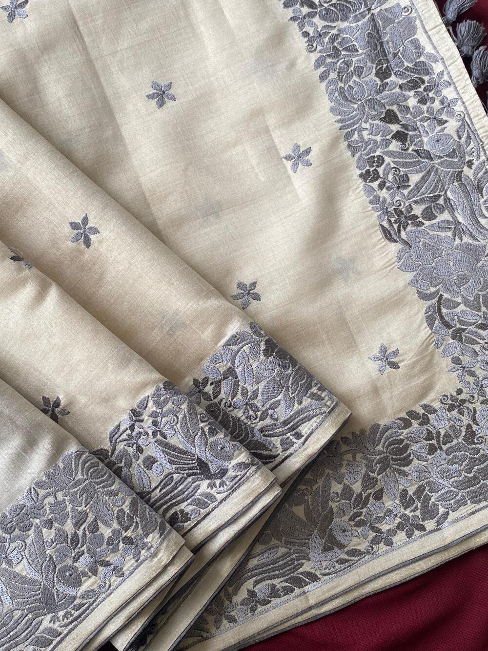 Sempiternal Off White Embroidery Work Tussar Silk Saree With Vestigial Blouse Piece