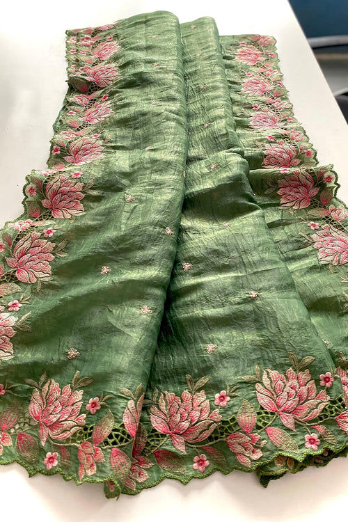 Load image into Gallery viewer, Woebegone Green Embroidery Work Crush Silk Saree With Tempting Blouse Piece
