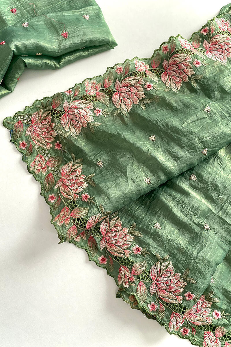 Woebegone Green Embroidery Work Crush Silk Saree With Tempting Blouse Piece