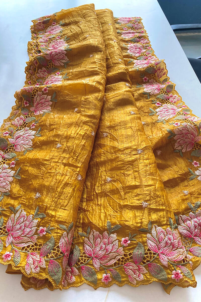 Ethereal Mustard Embroidery Work Crush Silk Saree With Scrupulous Blouse Piece