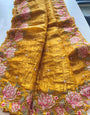 Ethereal Mustard Embroidery Work Crush Silk Saree With Scrupulous Blouse Piece