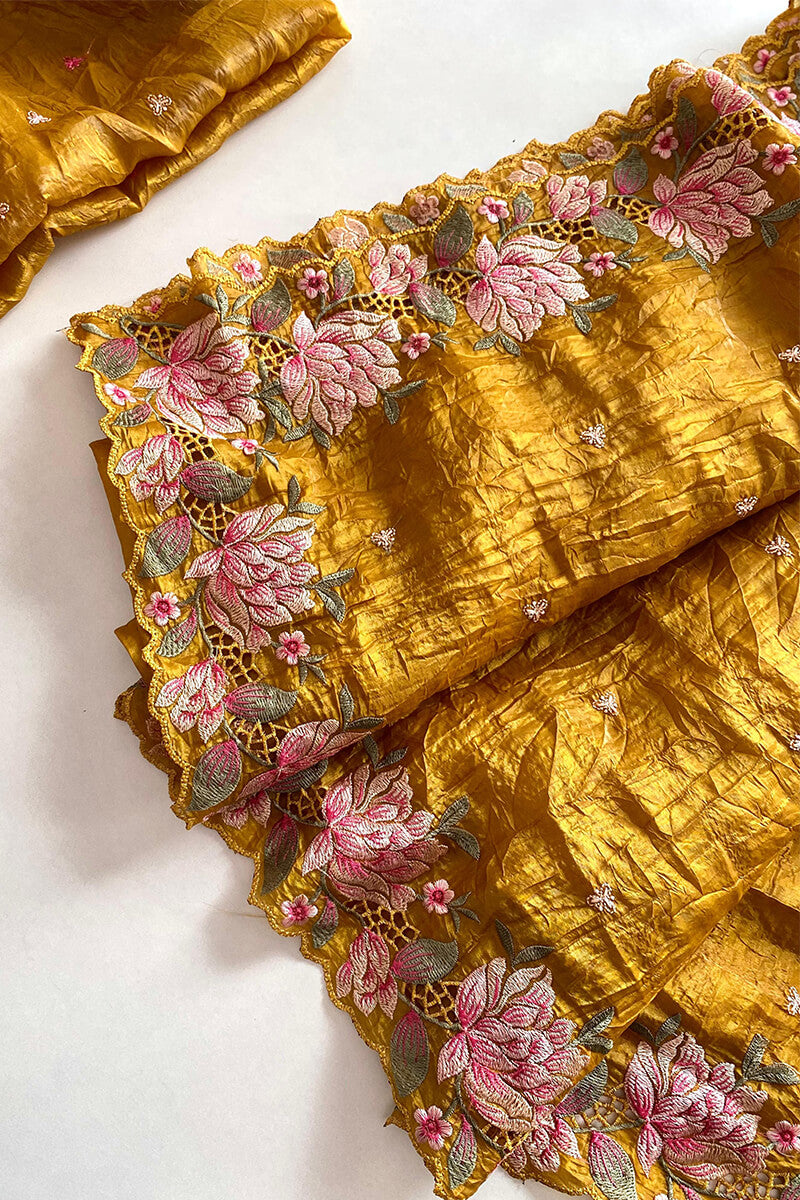 Ethereal Mustard Embroidery Work Crush Silk Saree With Scrupulous Blouse Piece