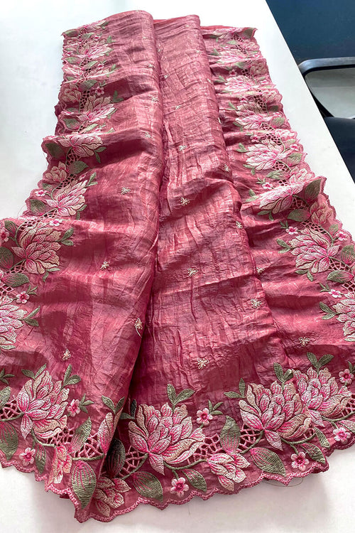 Load image into Gallery viewer, Alluring Pink Embroidery Work Crush Silk Saree With Resplendent Blouse Piece
