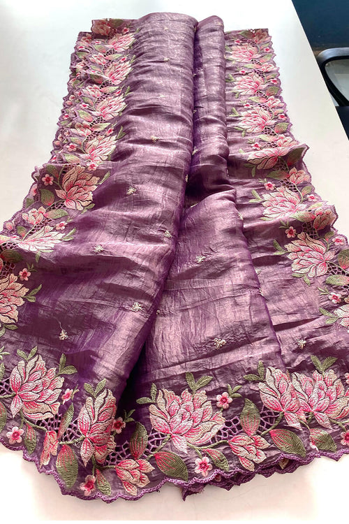 Load image into Gallery viewer, Glittering Purple Embroidery Work Crush Silk Saree With Magnificat Blouse Piece
