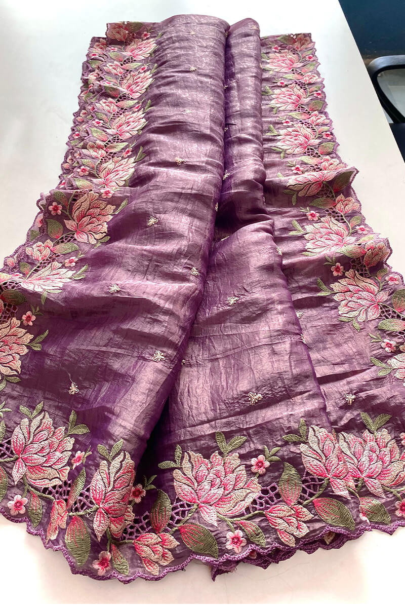 Glittering Purple Embroidery Work Crush Silk Saree With Magnificat Blouse Piece