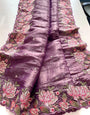 Glittering Purple Embroidery Work Crush Silk Saree With Magnificat Blouse Piece