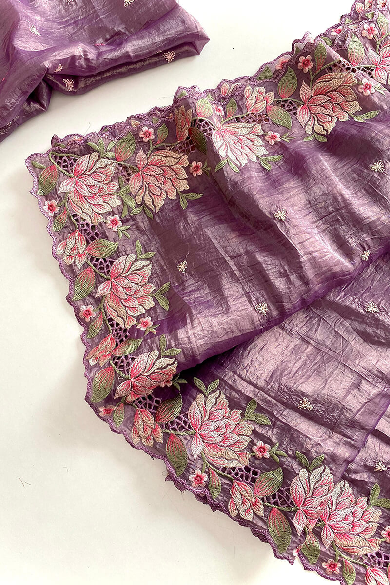 Glittering Purple Embroidery Work Crush Silk Saree With Magnificat Blouse Piece