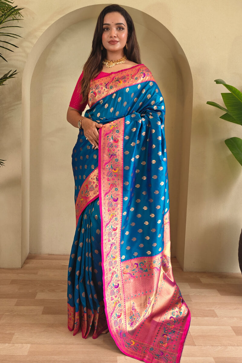 Intricate Blue Paithani Silk Saree With Flaunt Blouse Piece