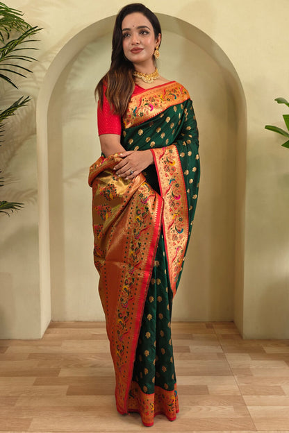Sumptuous Dark Green Paithani Silk Saree With Inspiring Blouse Piece
