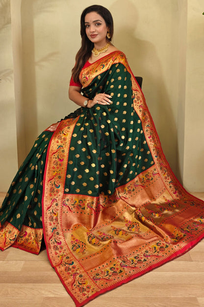 Sumptuous Dark Green Paithani Silk Saree With Inspiring Blouse Piece