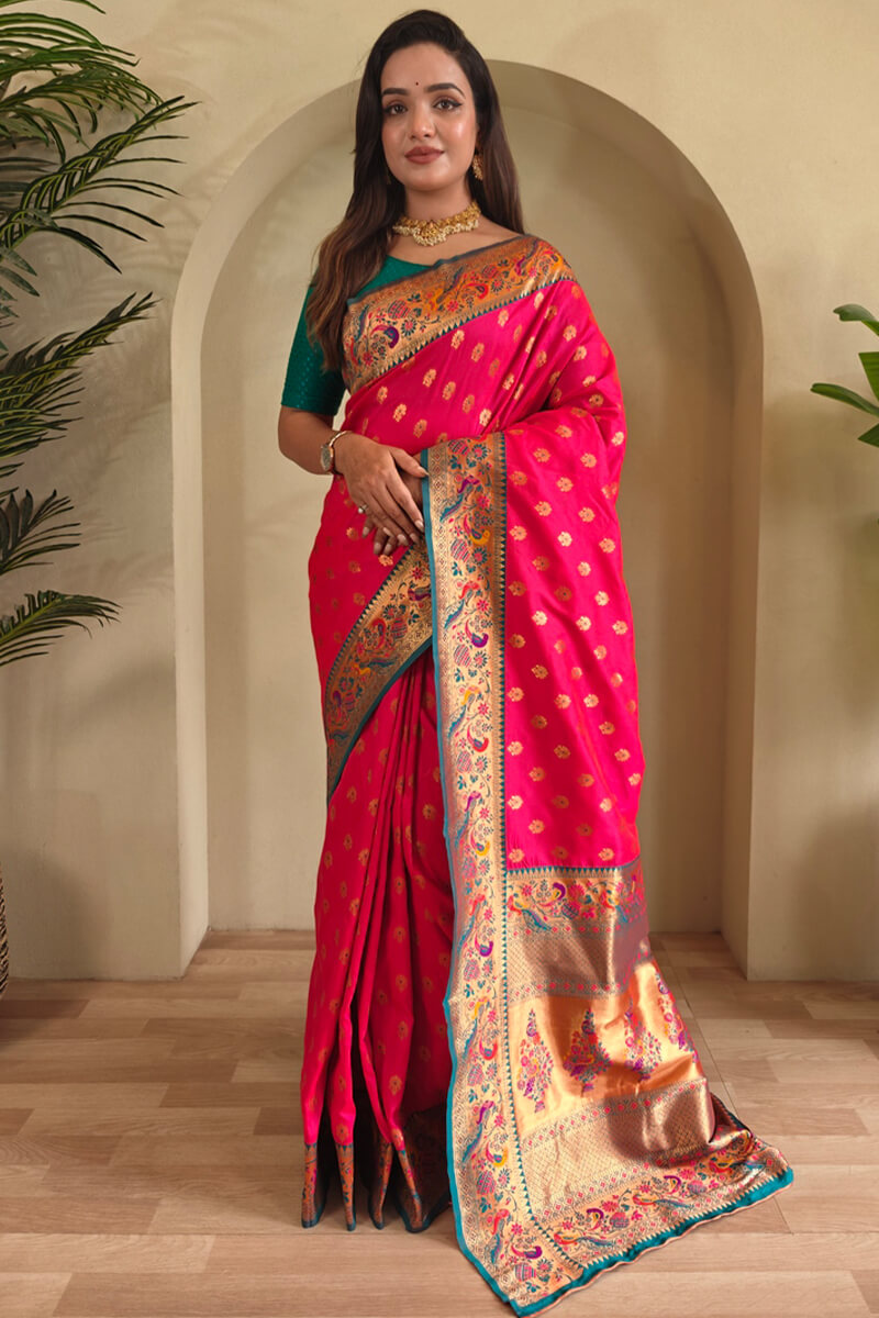 Charismatic Dark Pink Paithani Silk Saree With Mesmeric Blouse Piece