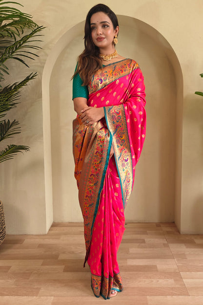 Charismatic Dark Pink Paithani Silk Saree With Mesmeric Blouse Piece