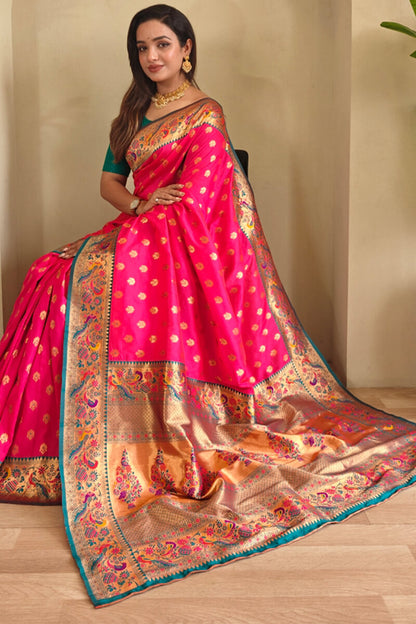 Charismatic Dark Pink Paithani Silk Saree With Mesmeric Blouse Piece