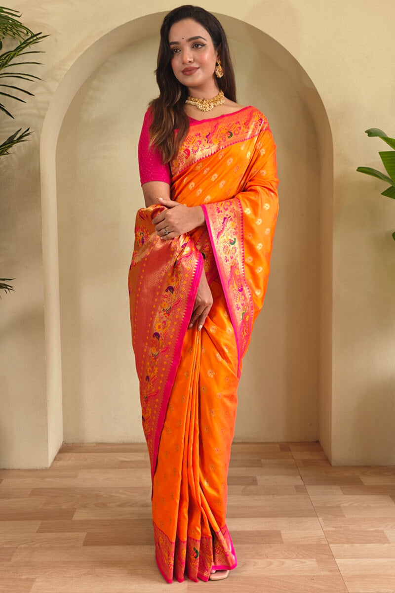 Appealing Orange Paithani Silk Saree With Jazzy Blouse Piece