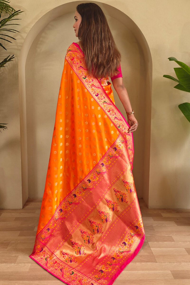 Appealing Orange Paithani Silk Saree With Jazzy Blouse Piece