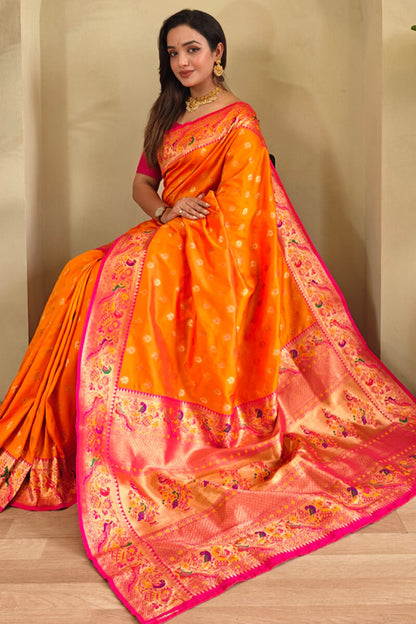 Appealing Orange Paithani Silk Saree With Jazzy Blouse Piece