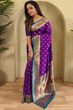 Incomparable Purple Paithani Silk Saree With Adorning Blouse Piece