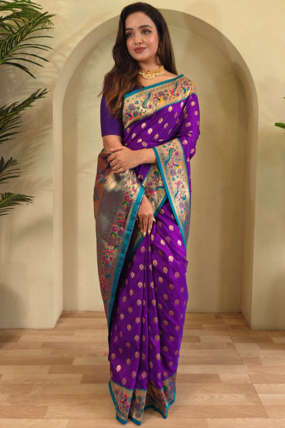 Incomparable Purple Paithani Silk Saree With Adorning Blouse Piece