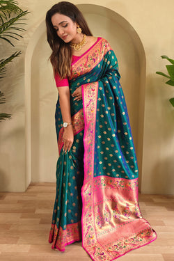 Engaging Rama Paithani Silk Saree With Glowing Blouse Piece