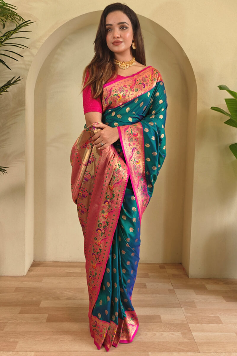 Engaging Rama Paithani Silk Saree With Glowing Blouse Piece